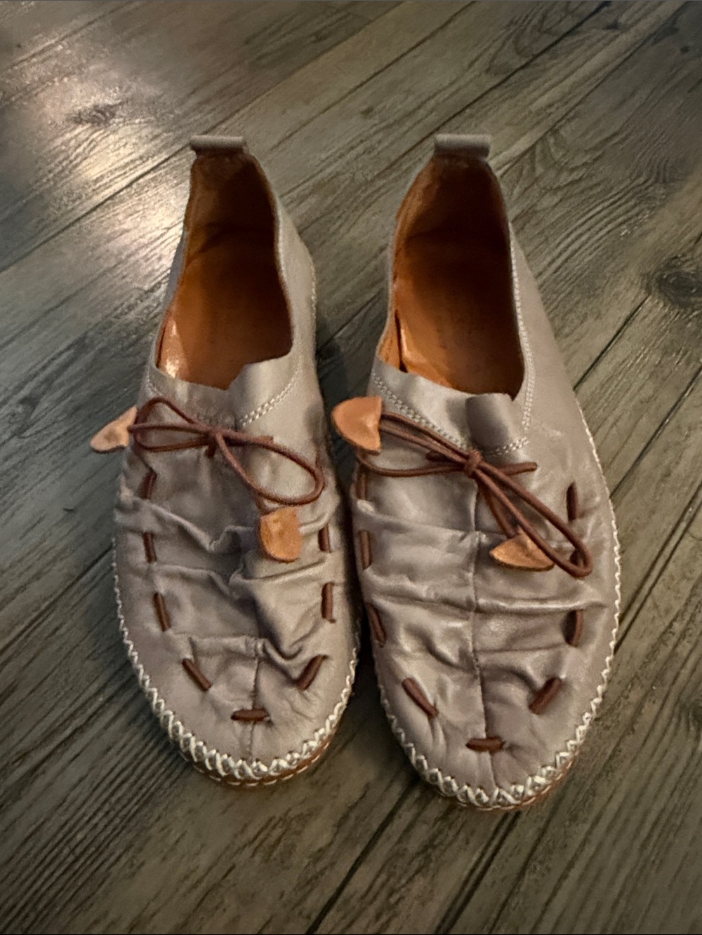 Spring Step Taupe Leather Slip-On Moccasin Flats with Brown Accents